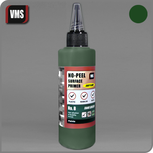 VMS No-Peel Primer 100ml bottle – water-based, high-adhesion primer for scale models No.8 Tank Green