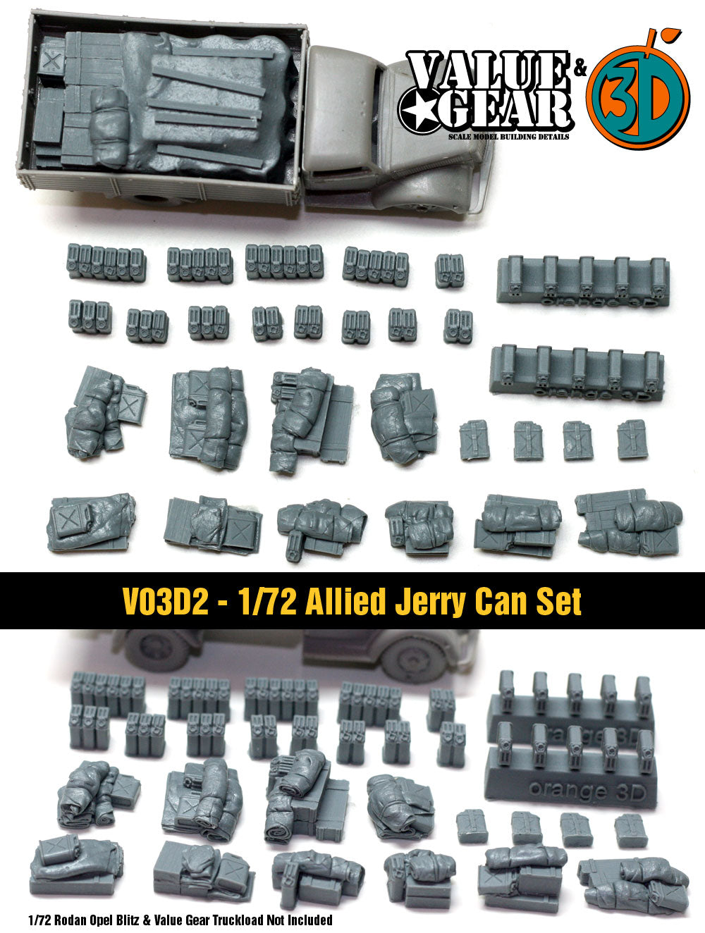 “Value Gear VO3D2 Allied Jerry Can Set – 37 resin jerry cans for 1/72 scale WWII Allied vehicles and dioramas.”