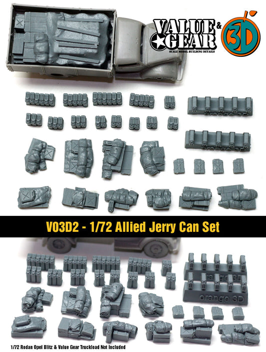 “Value Gear VO3D2 Allied Jerry Can Set – 37 resin jerry cans for 1/72 scale WWII Allied vehicles and dioramas.”
