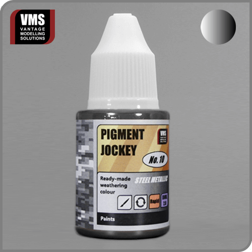 Pigment Jockey No. 10 Steel Metallic: "VMS Pigment Jockey No. 10 Steel Metallic – Reversible liquid for dry brushing and polishing to achieve bare metal effects."