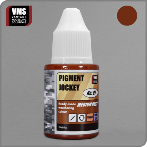 Pigment Jockey No. 07 Medium Rust: "VMS Pigment Jockey No. 07 Medium Rust – Reversible liquid for medium rust weathering effects."