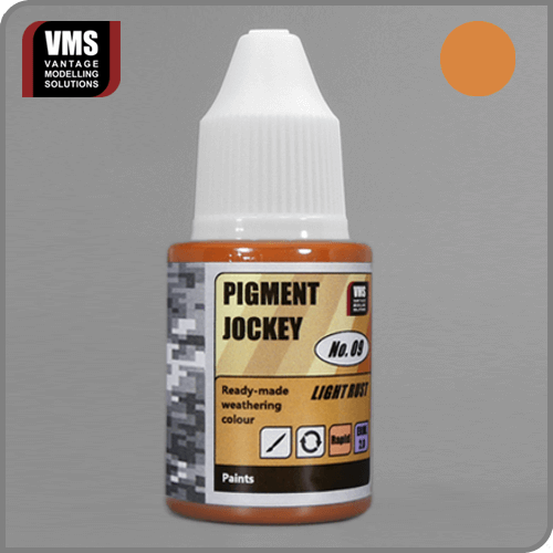 Pigment Jockey No. 09 Light Rust: "VMS Pigment Jockey No. 09 Light Rust – Weathering liquid for light rust effects on scale models."