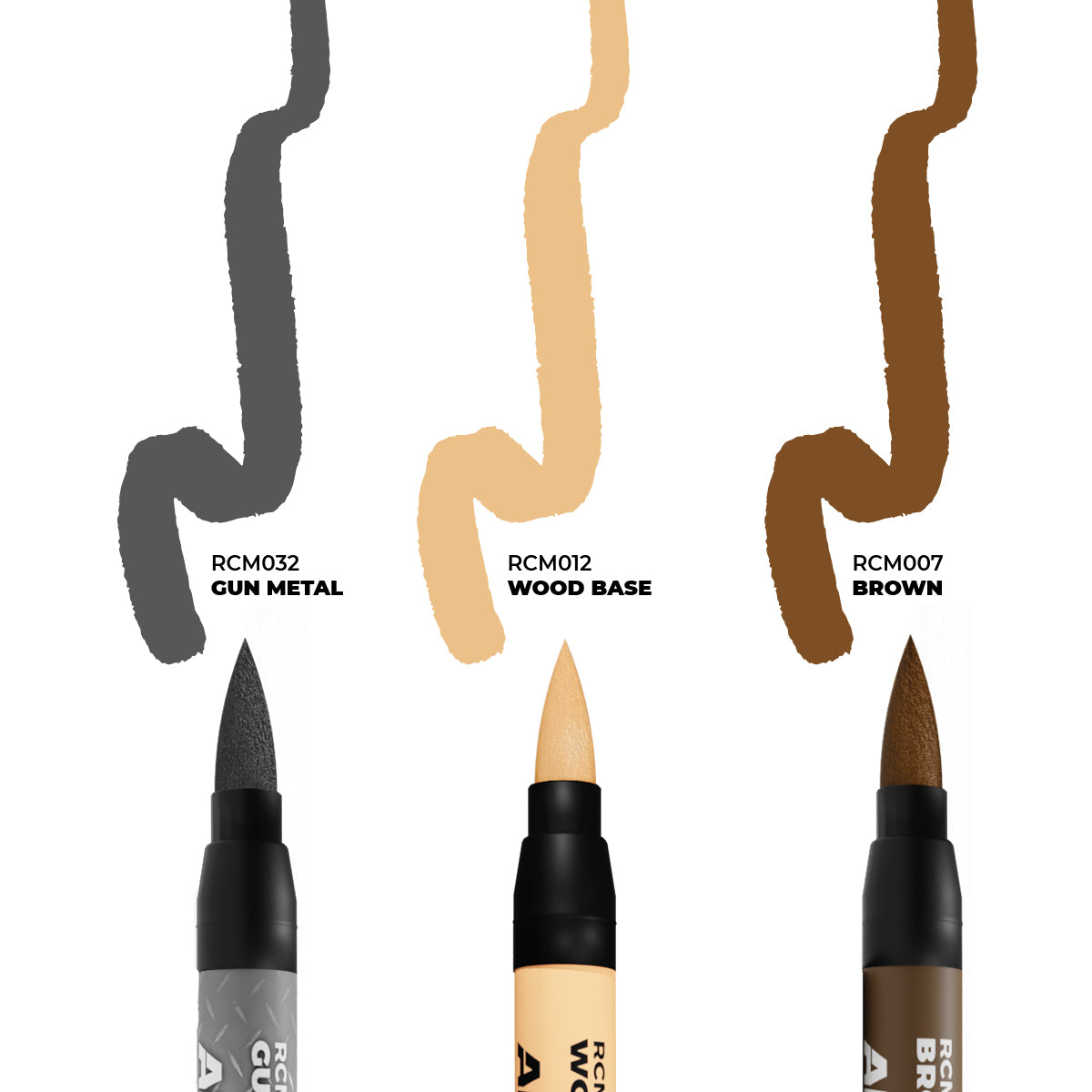 AK Interactive RCM101 Real Colors Markers shwoing all 3 colors found in the set. Gun Metal, Wood Base and Brown