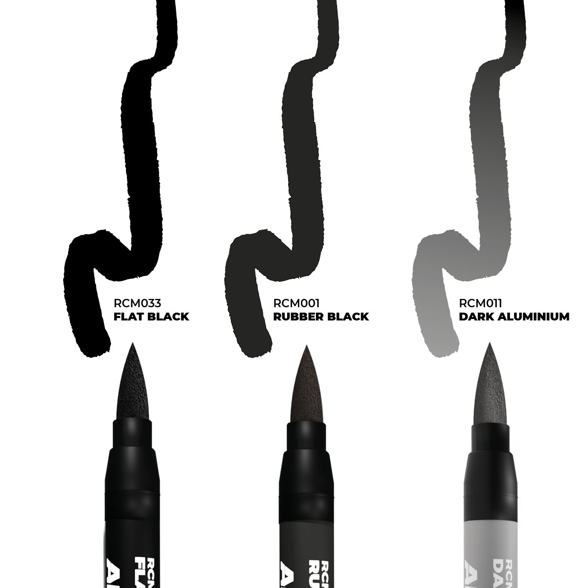 AK Interactive RCM 102 Real Colors Markers showing all 3 colors found in the set. Flat Black, Rubber Black and Dark Aluminium.
