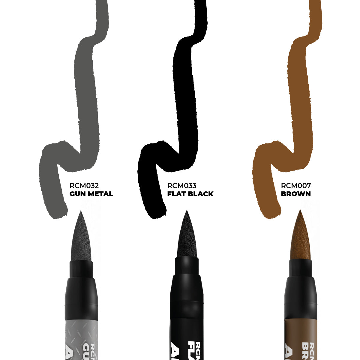 AK Interactive RCM103 Real Colors Markers showing all 3 colors found in the set. Gun Metal, Flat Black and Brown.