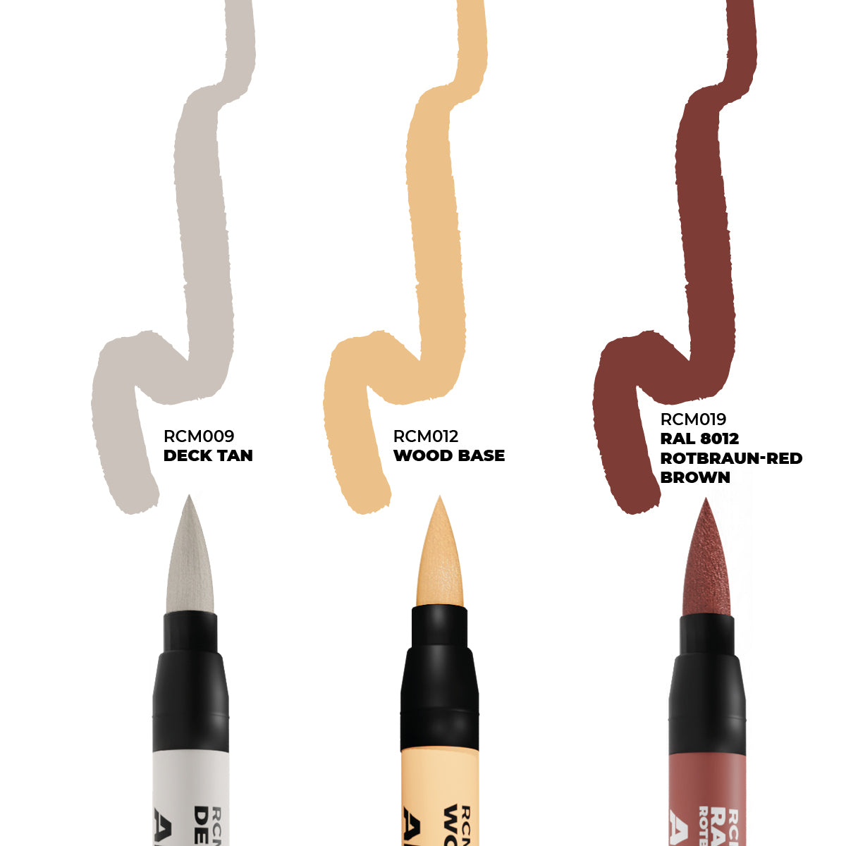 AK Interactive RCM104 Real Colors Markers  showing nall 3 colors found in the set. Deck Tan, Wood Base and RAL 8012 Rotbraun.