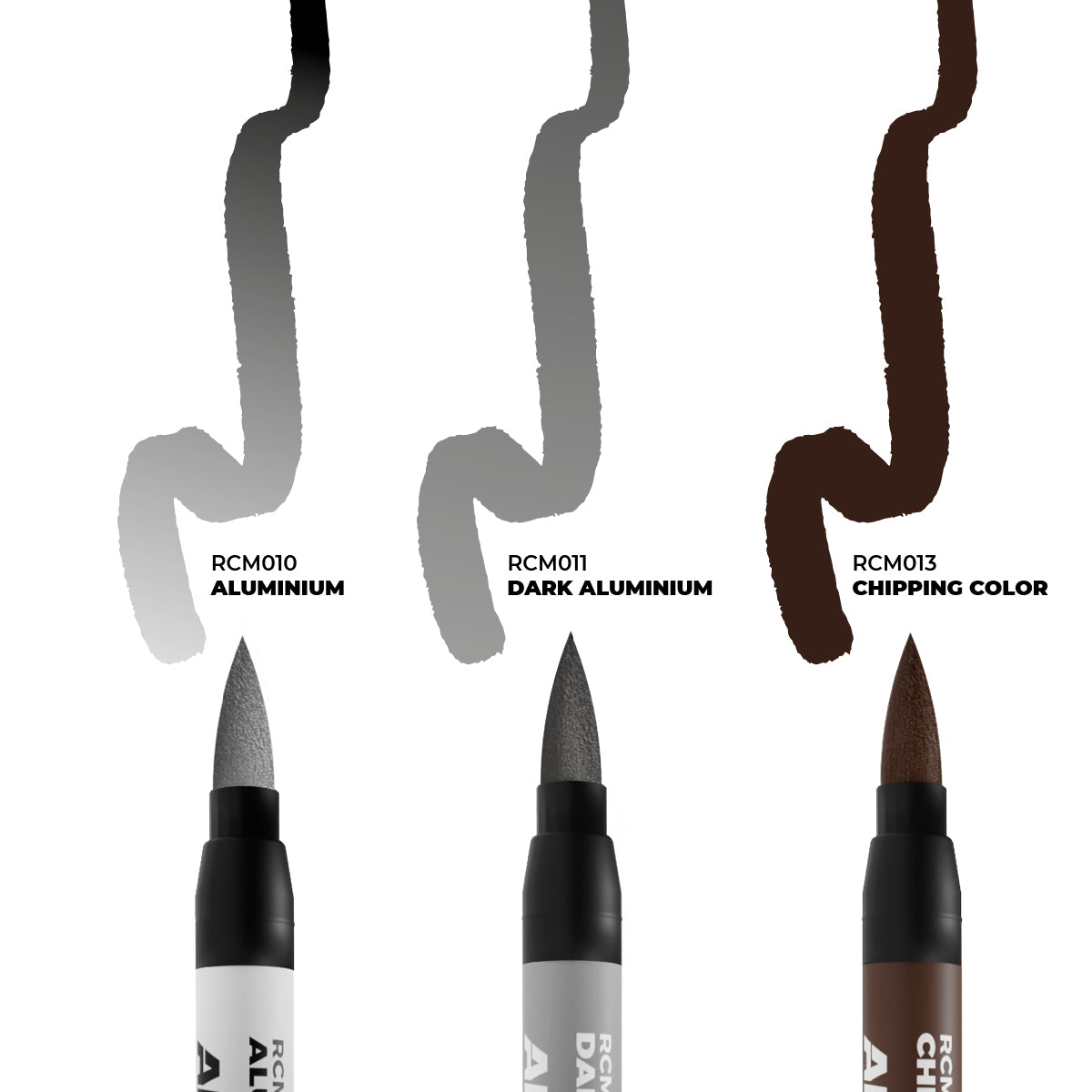 AK Interactive RCM10 Real Colors Markers  showing all 3 colors in the set. Aluminium, Dark Aluminium and Chipping Colour.