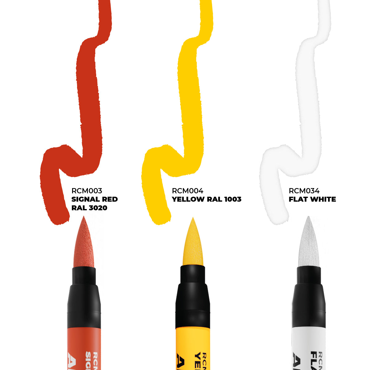 AK Interactive RCM106 Real Colors Markers showing all 3 colors in the set RAL 3020 Signal Red, RAL 1003 Yellow and Flat White.