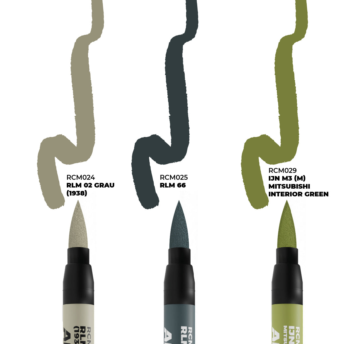 AK Interactive RCM110 Real Colors Markers showing the colors of the set. RLM02, RLM66, IJN M3