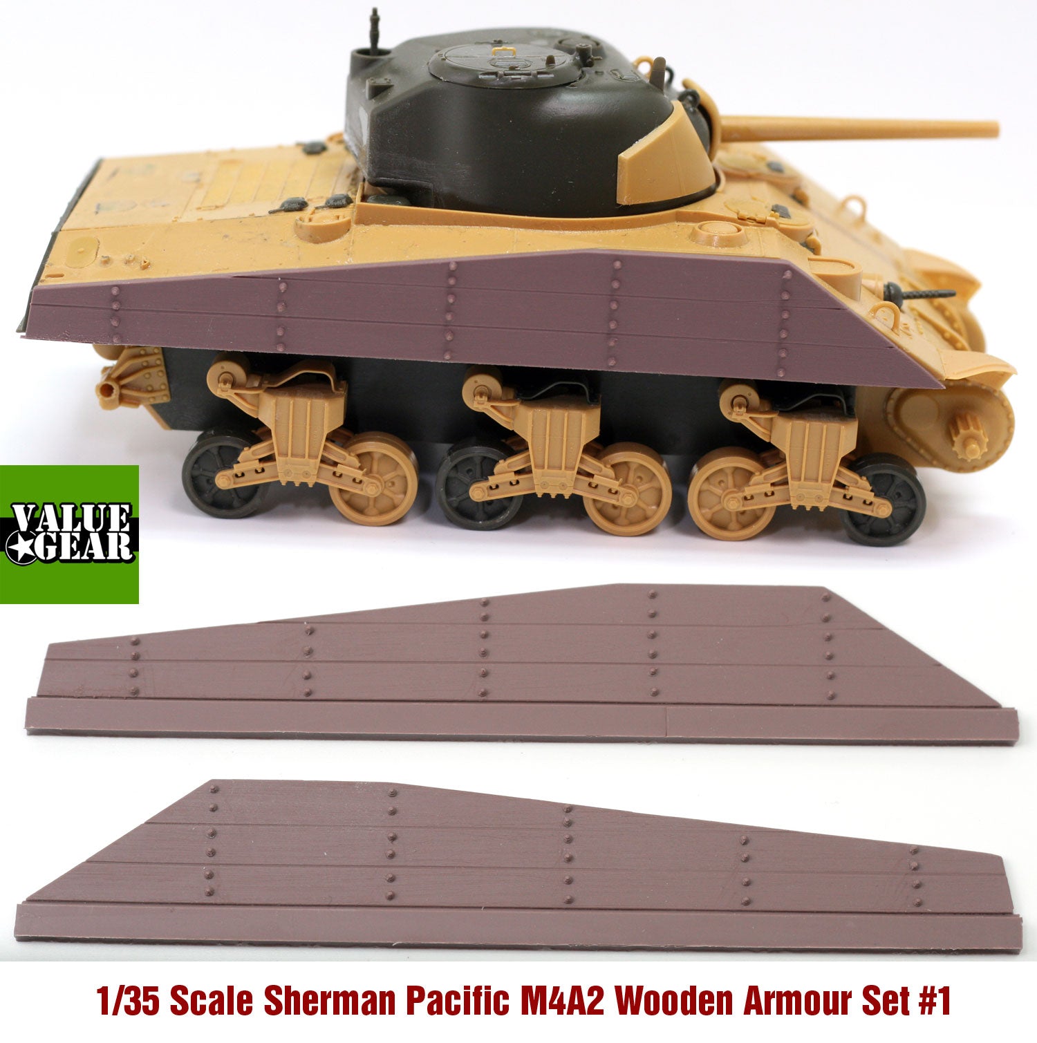 “Value Gear SB421 Sherman M4A2 Wood Panel Armor – resin set for 1/35 scale Sherman.”