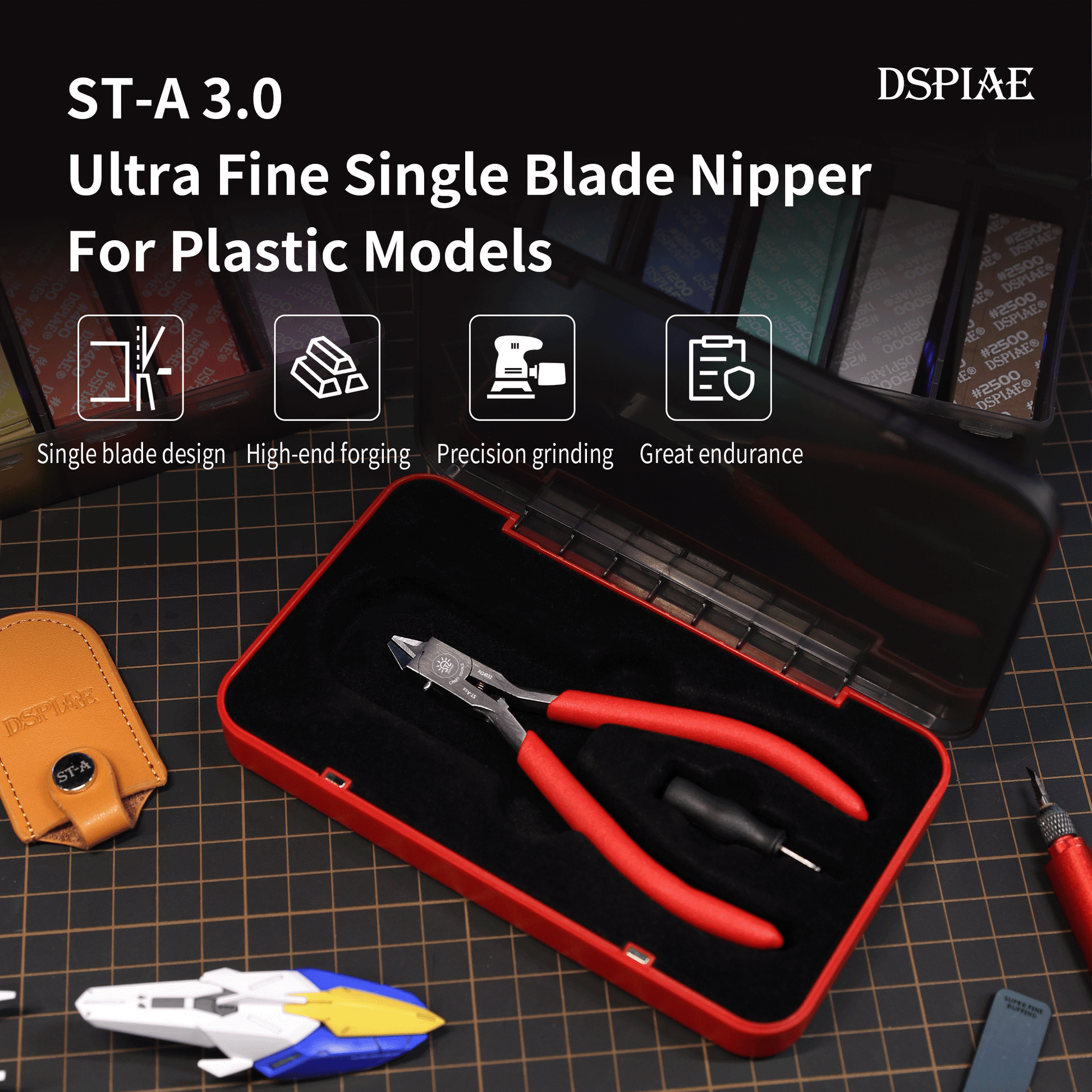 DSPIAE Ultra fine single blade nipper set in a red case on a workbench with model building tools.