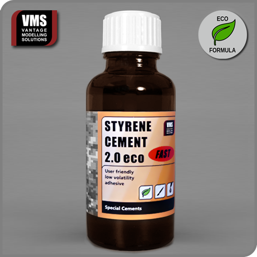 VMS Styrene Cement 2.0 ECO Fast 30ml Bottle: "VMS Styrene Cement 2.0 ECO Fast – 30ml bottle of extra-thin adhesive for quick-setting polystyrene model assembly."