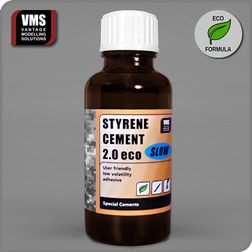 VMS Styrene Cement 2.0 ECO Slow 30ml Bottle: "VMS Styrene Cement 2.0 ECO Slow – 30ml bottle of extra-thin adhesive offering extended open time for detailed model adjustments."