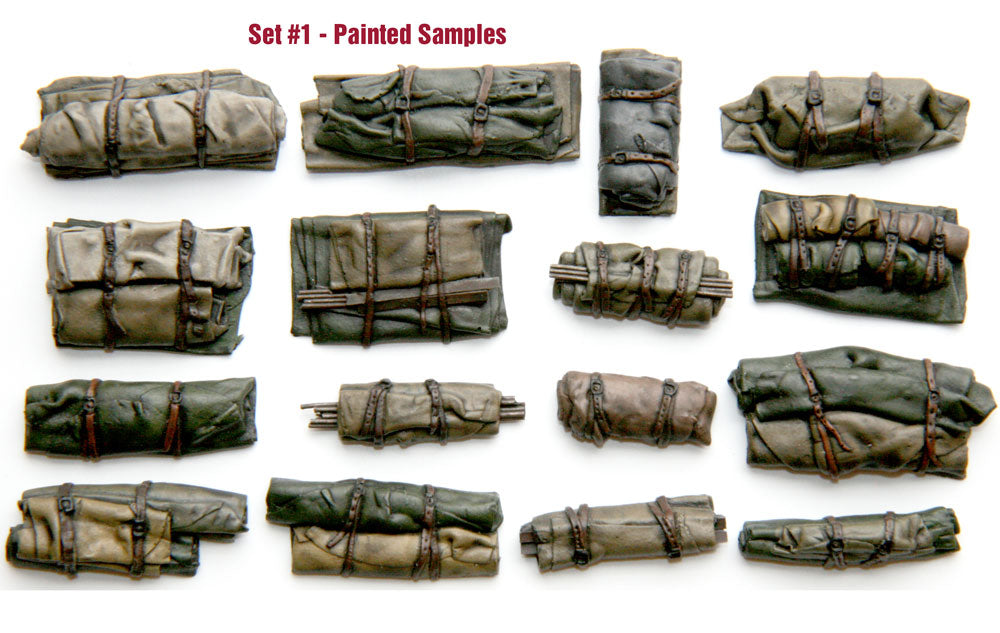 Value Gear VG01 Tents & Tarps #1 resin stowage set – 16 pieces for 1/35 scale dioramas and armor models.