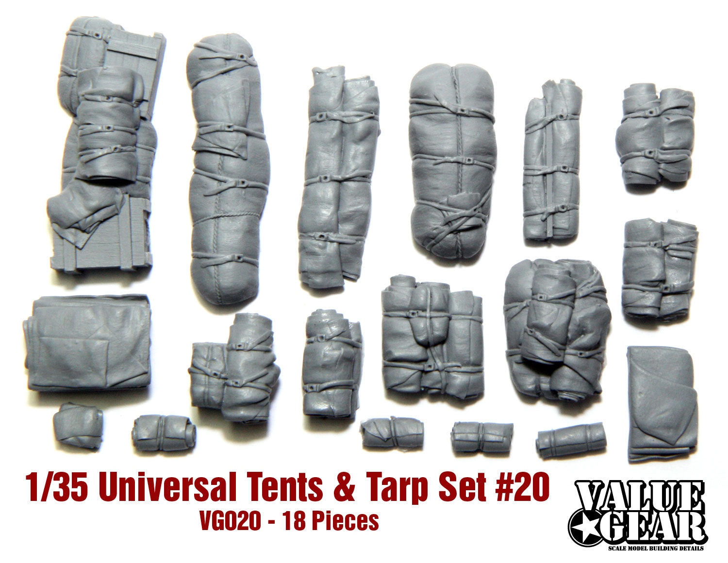 Value Gear VG20 Tents & Tarps #20 resin accessory set – 16 pieces for 1/35 scale military models and dioramas.