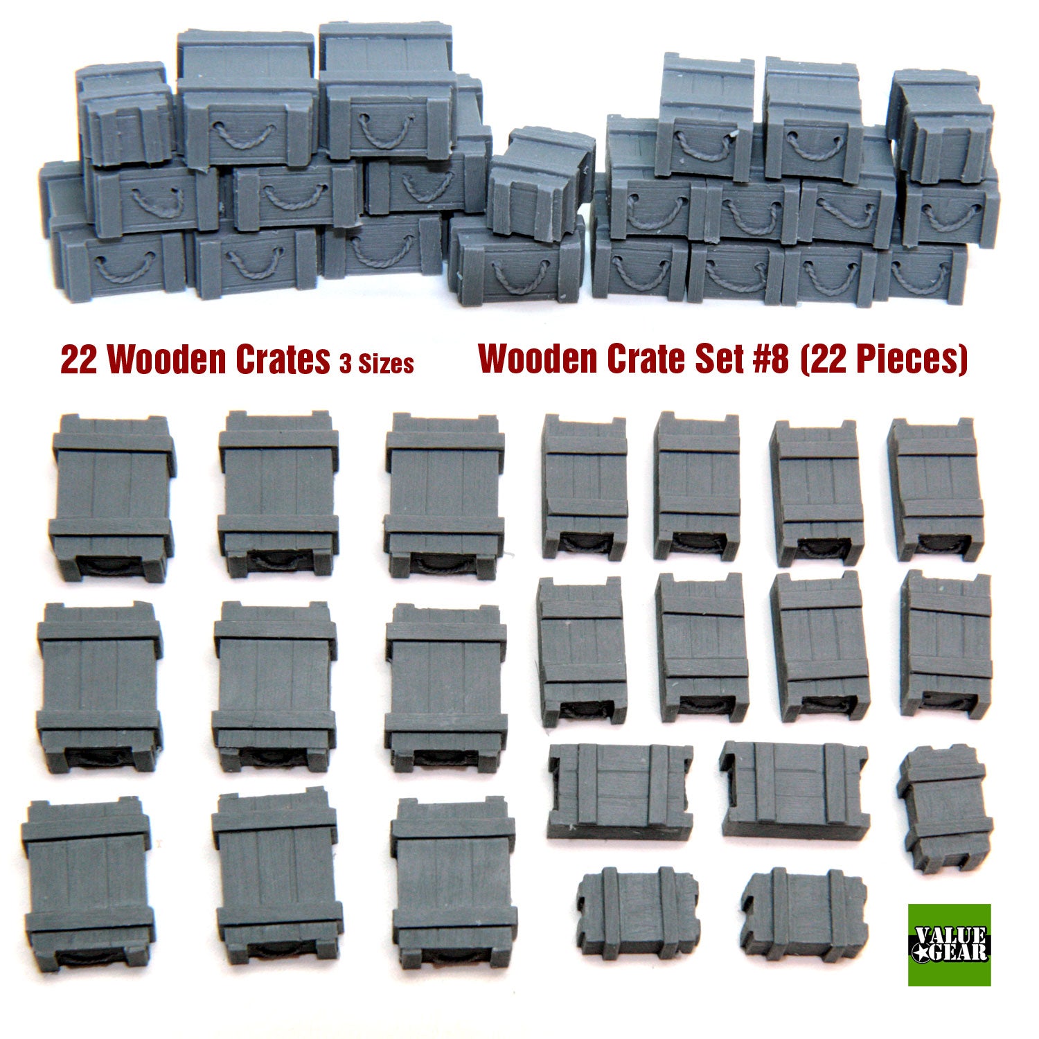 Value Gear C8 Wooden Crates #8 resin accessory set – 22 pieces for 1/35 scale military dioramas and vehicles.