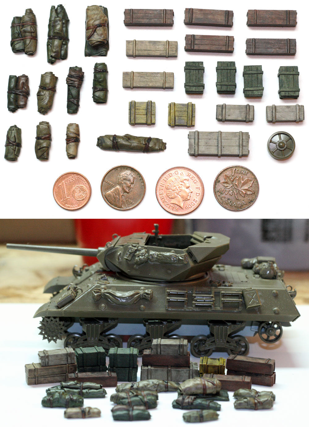 “Value Gear 48002 Tents, Tarps & Crates Set #2 – 27 resin accessories for 1/48 scale WWII vehicles and dioramas.”