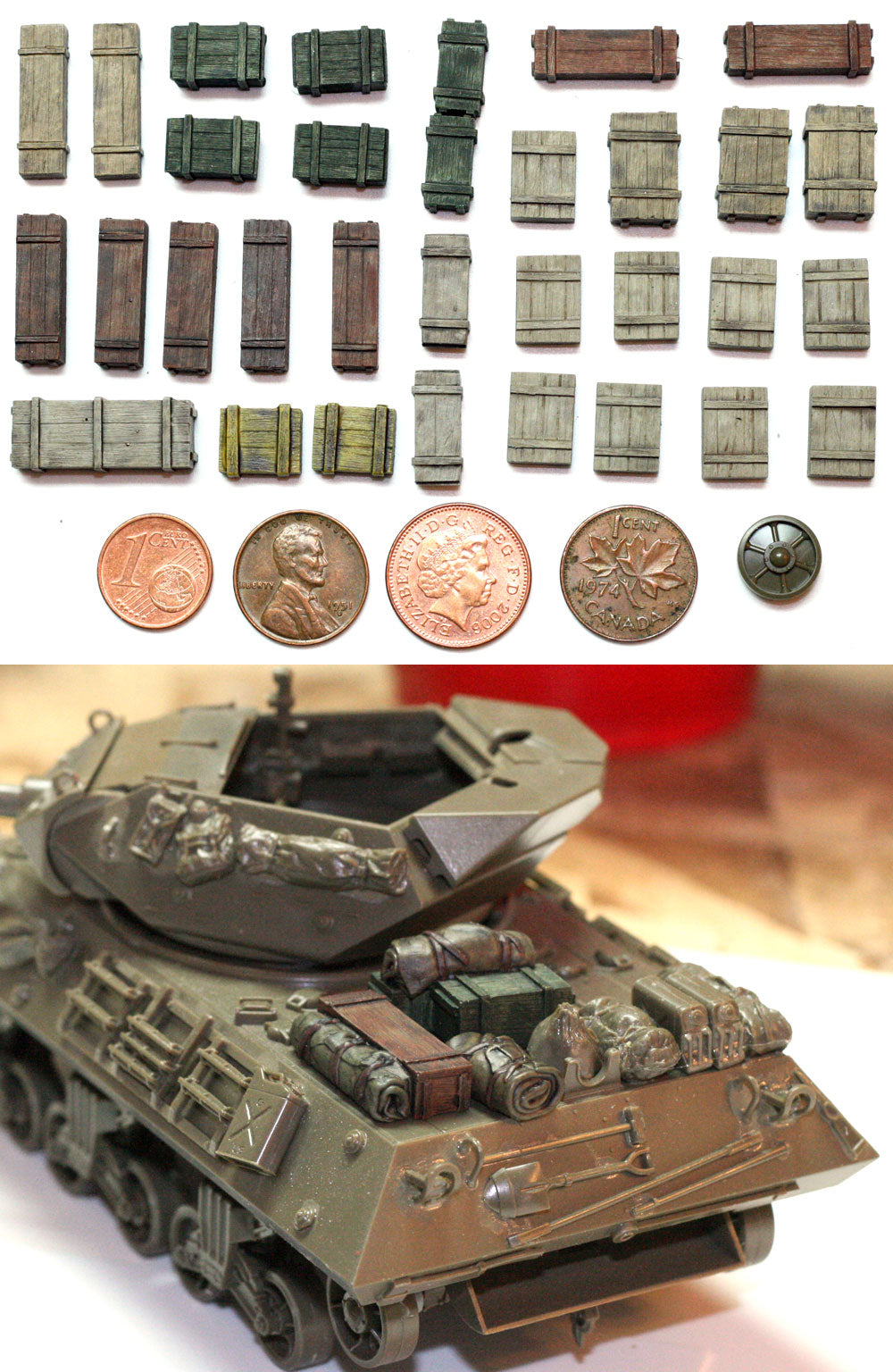 “Value Gear 48C1 Just Crates Set #1 – 32 resin wooden crates for 1/48 scale WWII vehicles and dioramas.”