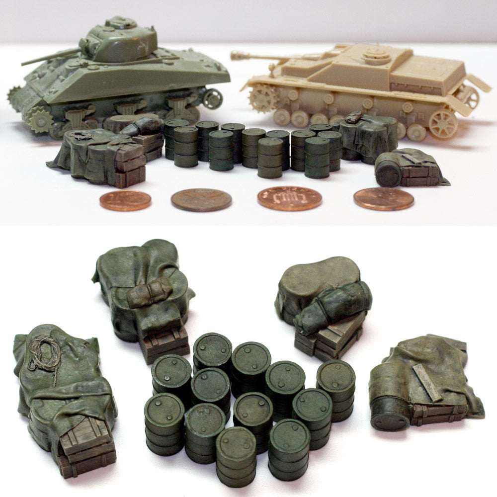 “Value Gear 720DA Allied Fuel Drums – 18 resin barrels for 1/72 scale WWII Allied vehicles and dioramas.”