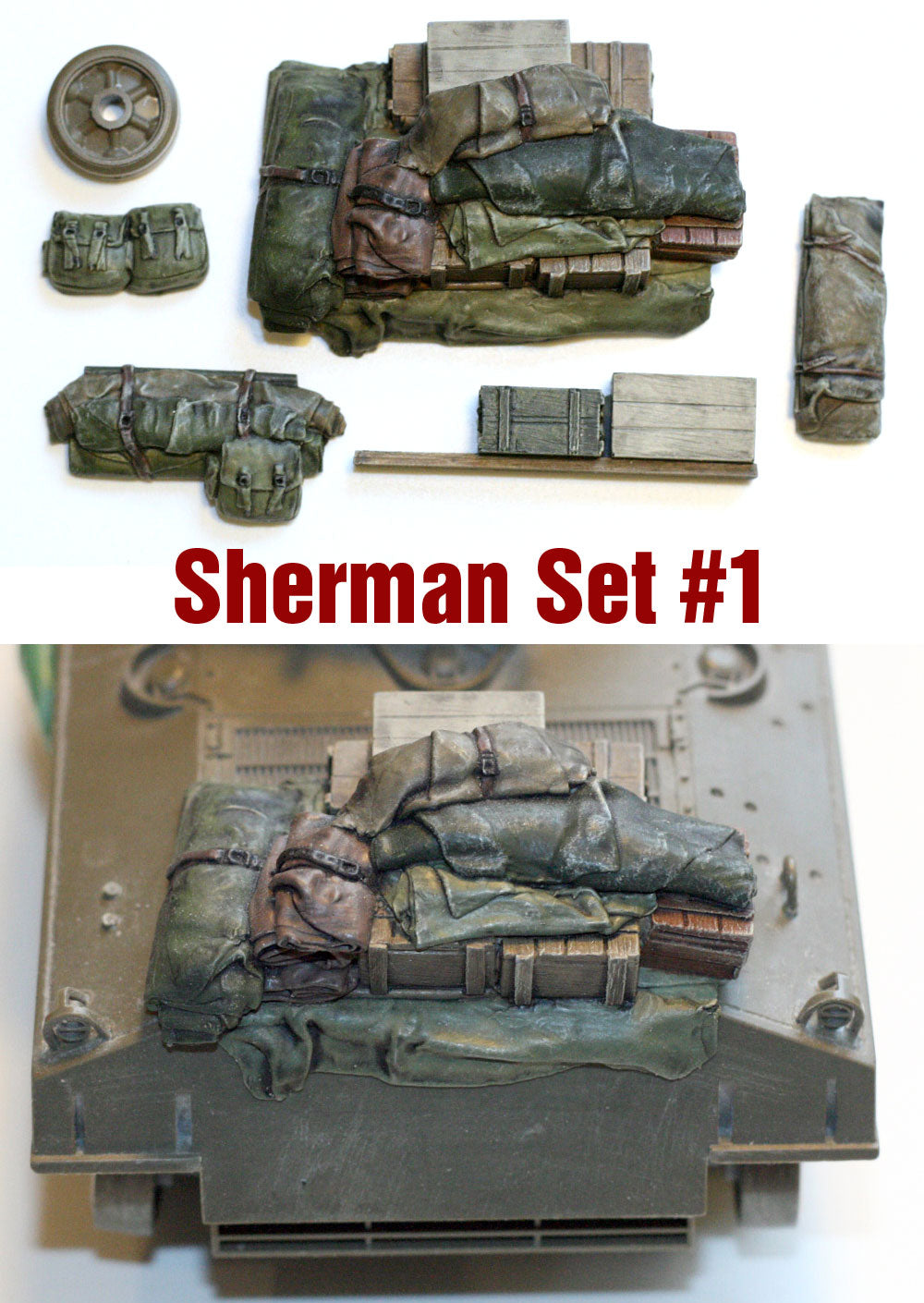“Value Gear SH001 Sherman Engine Deck resin set – 7 stowage pieces for 1/35 scale Sherman tanks.”
