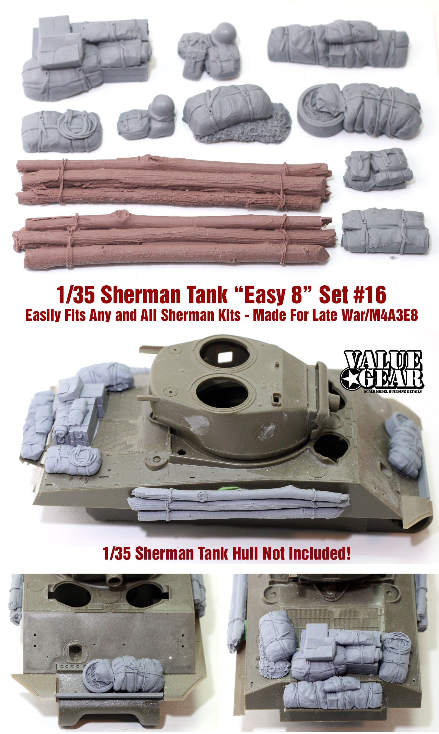 “Value Gear SH016 Sherman Engine Deck resin set – 12 stowage pieces with logs for 1/35 scale Easy Eight.”