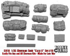“Value Gear SH018 Sherman Engine Deck resin set – 12 stowage pieces for 1/35 scale Easy Eight Shermans.”