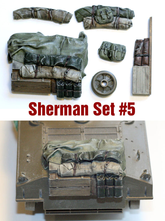 “Value Gear SH005 Sherman Engine Deck resin set – 7 stowage pieces for 1/35 scale Sherman tanks.”