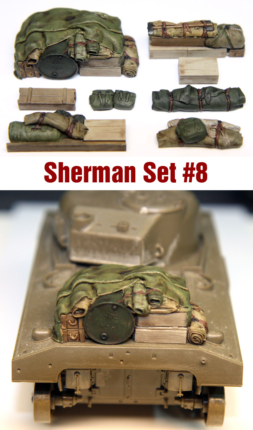 “Value Gear SH008 Sherman Engine Deck resin set – 8 stowage pieces for 1/35 scale Sherman tanks.”