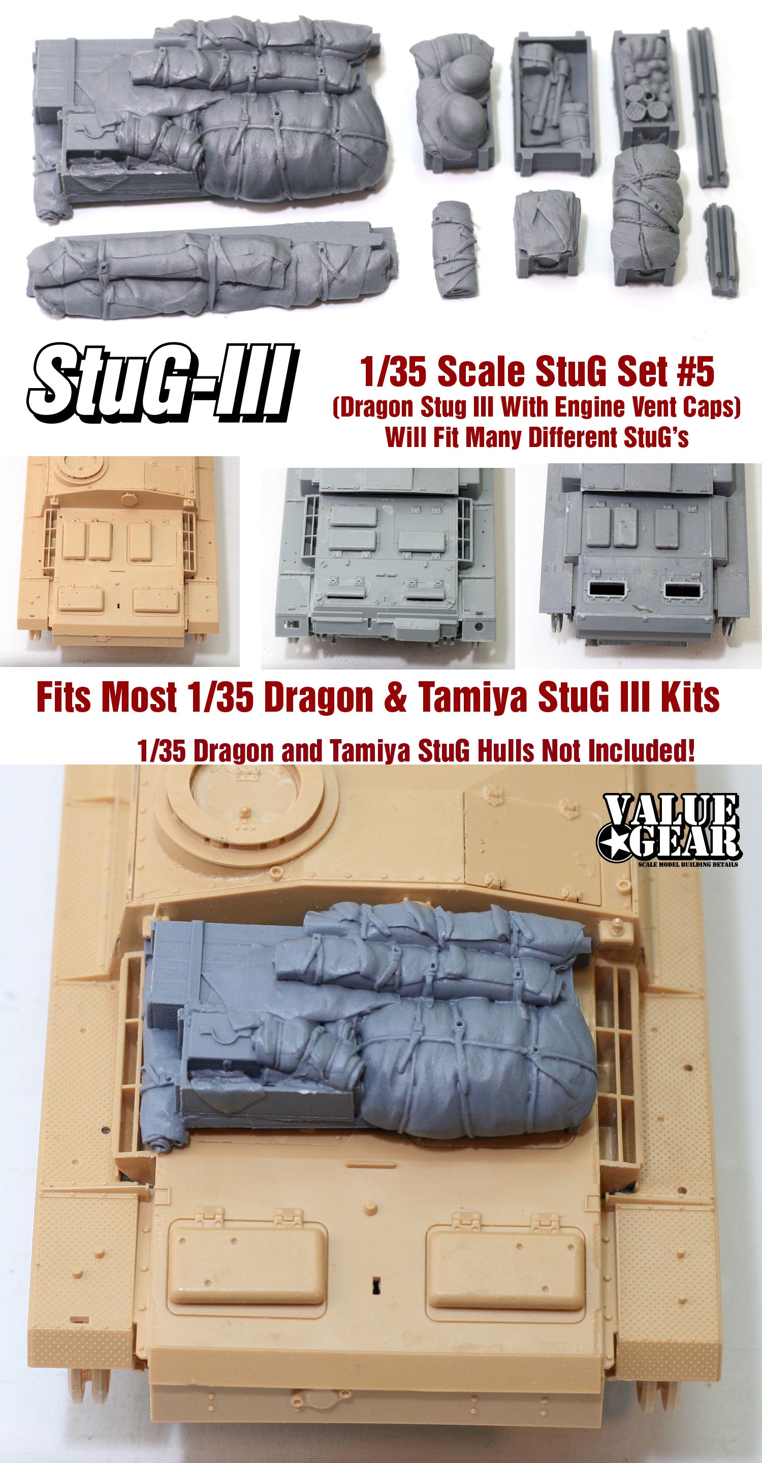 “Value Gear STG05 StuG III stowage set – resin accessories for 1/35 German assault guns.”