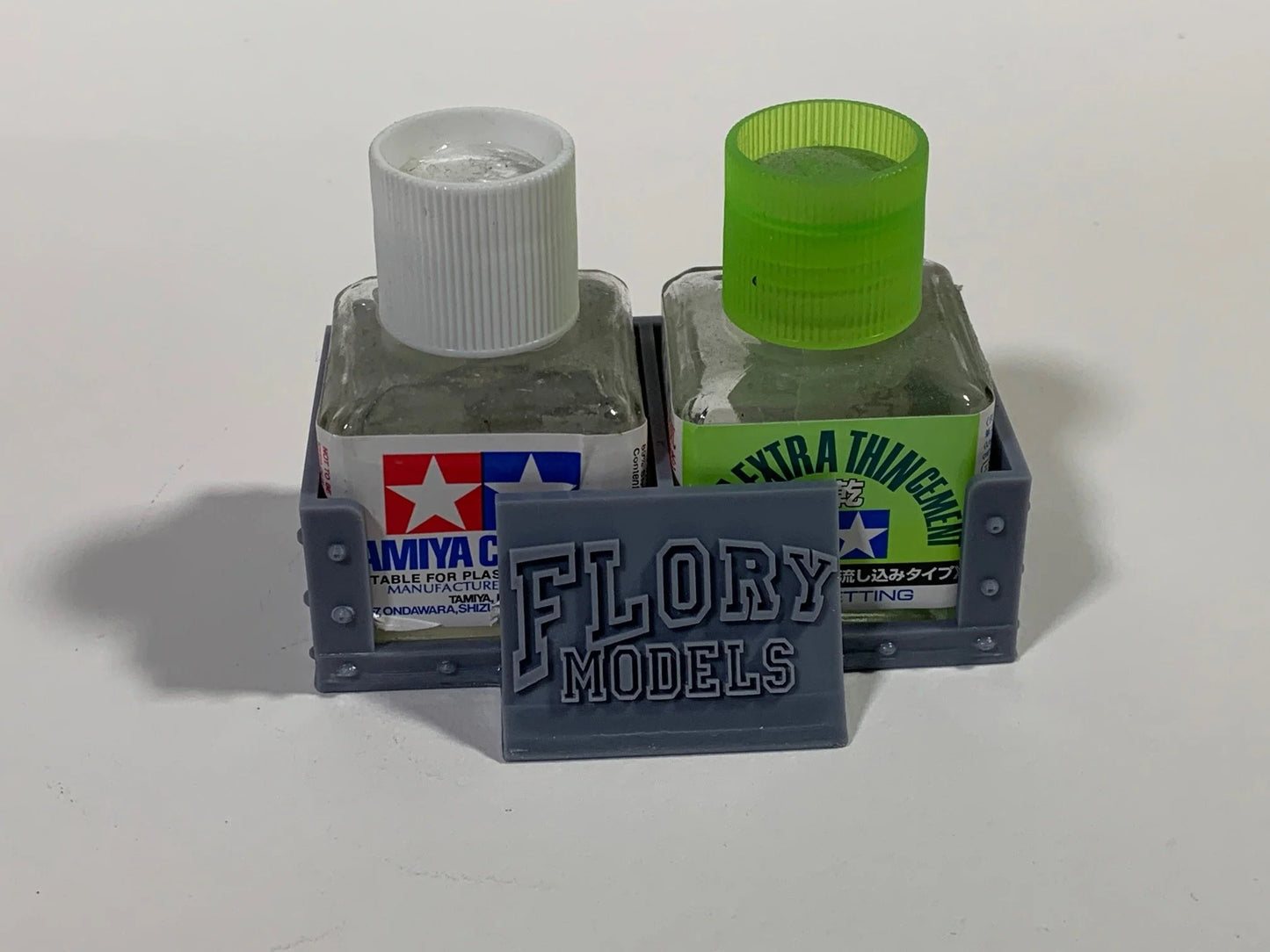 Flory Models 3D printed Twin Tamiya Glue Holder with two Tamiya adhesive bottles