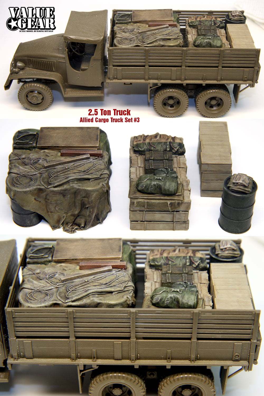 “Value Gear UST03 2.5 Ton Truck Load resin set – WWII US Army cargo load for 1/35 scale dioramas.”