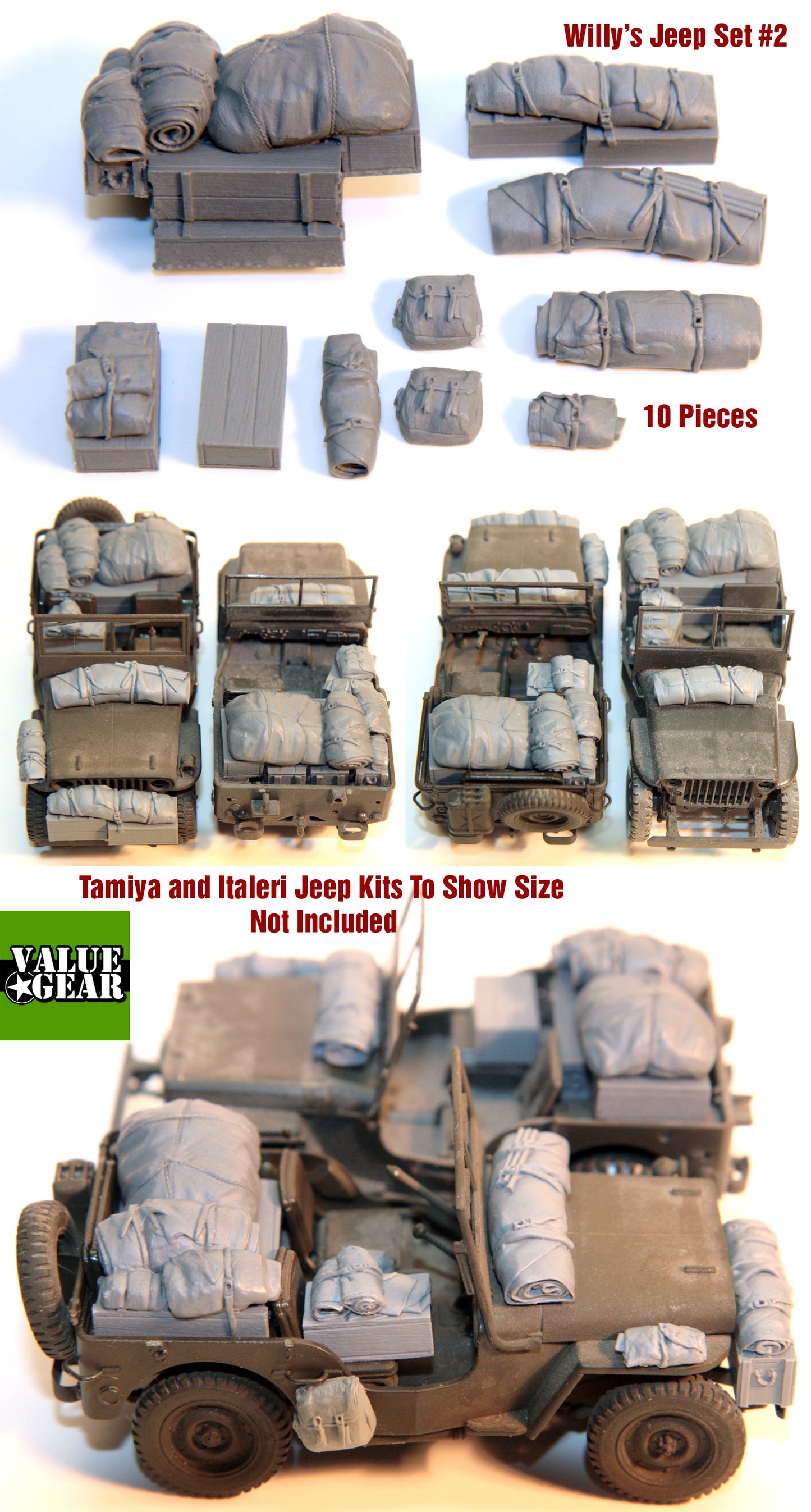 “Value Gear JP2 Willy’s Jeep resin accessory set – 10 pieces of stowage for 1/35 scale WWII Jeeps.”