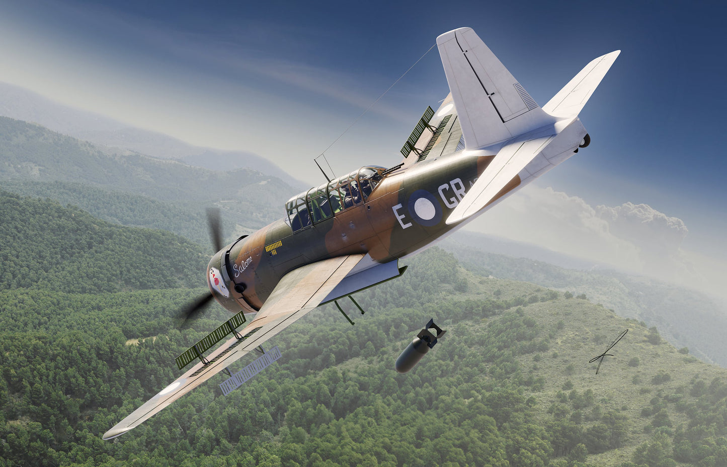 Dora Wings 1/72 Vultee Vengence Mk.II box art. Showing the aircraft with dive breaks deployed and dropping a bomb.