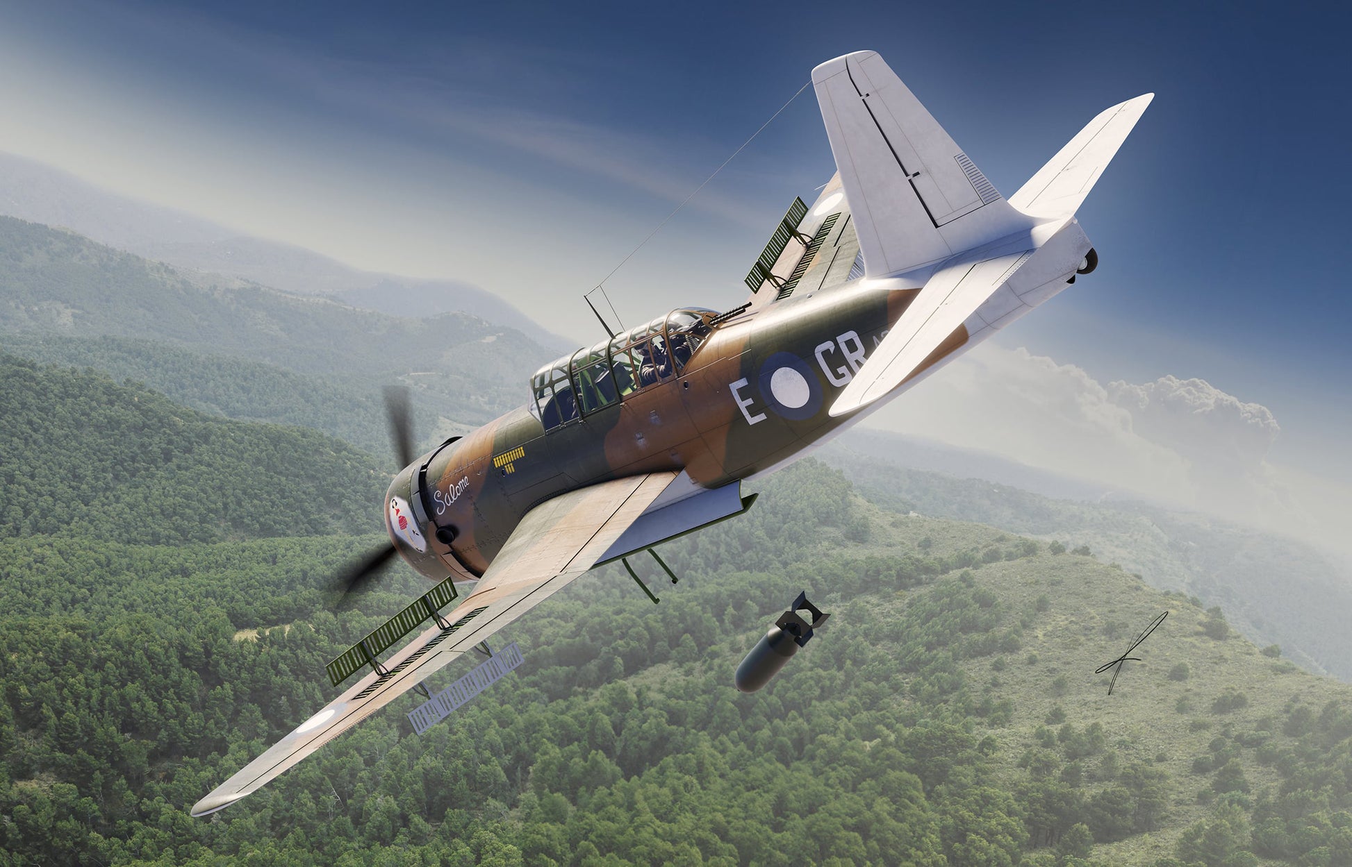 Dora Wings 1/72 Vultee Vengence Mk.II box art. Showing the aircraft with dive breaks deployed and dropping a bomb.