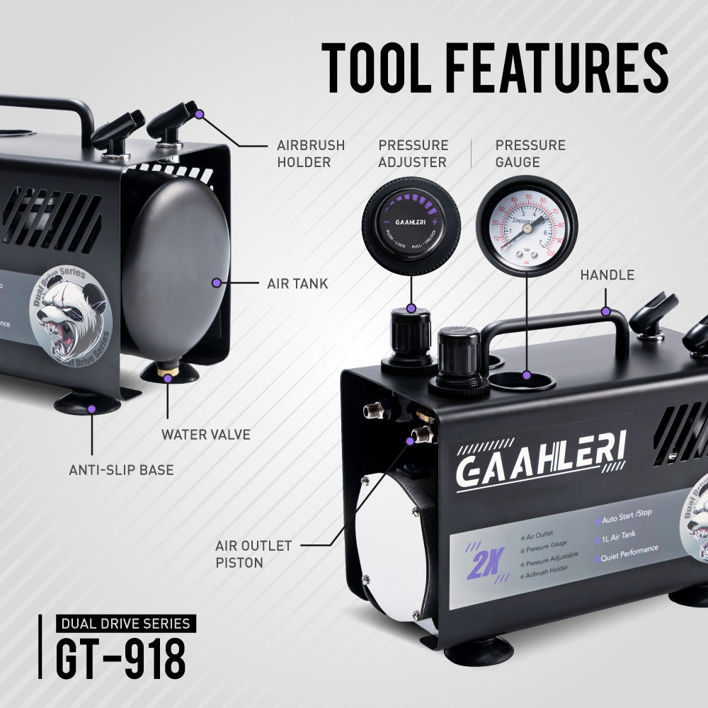 Gaahleri Dual Drive Series Airbrush Compressor GT-918 – Quiet, Dual-Outlet, 1 L Tank