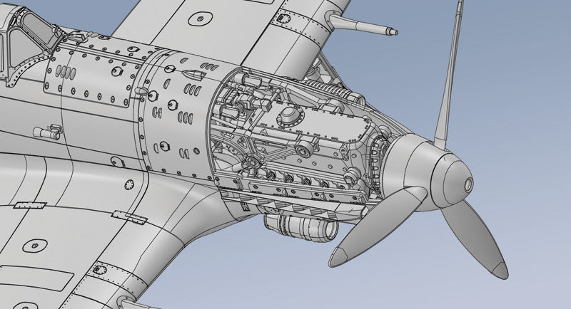 Italeri 1/32 WW.II Italian Air Force Macchi MC.205 Veltro 3D render showing engine detail.