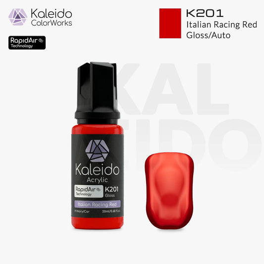 Bottle of Kaleido Colorworks RapidAir™ K201 Italian Racing Red, 20 ml airbrush-ready water-based paint in bold racing red