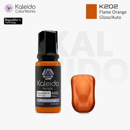 Bottle of Kaleido Colorworks RapidAir™ K202 Flame Orange 20 ml water-based airbrush paint in bright high-gloss orange