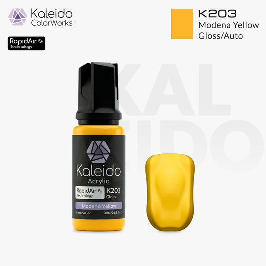 Bottle of Kaleido Colorworks RapidAir™ K203 Modena Yellow, 20 ml water-based airbrush paint in vibrant yellow.