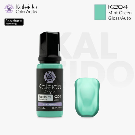 Bottle of Kaleido Colorworks RapidAir™ K204 Mint Green, 20 ml water-based airbrush paint in fresh mint green.