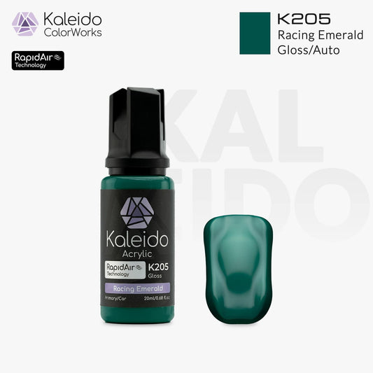 Bottle of Kaleido Colorworks RapidAir™ K205 Racing Emerald, 20 ml water-based airbrush paint in rich metallic emerald green