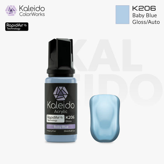 “Bottle of Kaleido Colorworks RapidAir™ K206 Baby Blue, 20 ml water-based airbrush paint in soft baby-blue