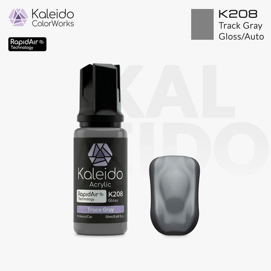 Bottle of Kaleido Colorworks RapidAir™ K208 Track Gray, 20 ml water-based airbrush paint in medium track gray