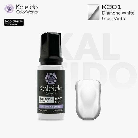 Bottle of Kaleido Colorworks RapidAir™ K301 Diamond White, 20 ml water-based airbrush paint in bright, high-gloss white.