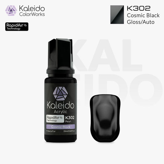 Bottle of Kaleido Colorworks RapidAir™ K302 Cosmic Black, 20 ml water-based airbrush paint in deep matte-black finish.