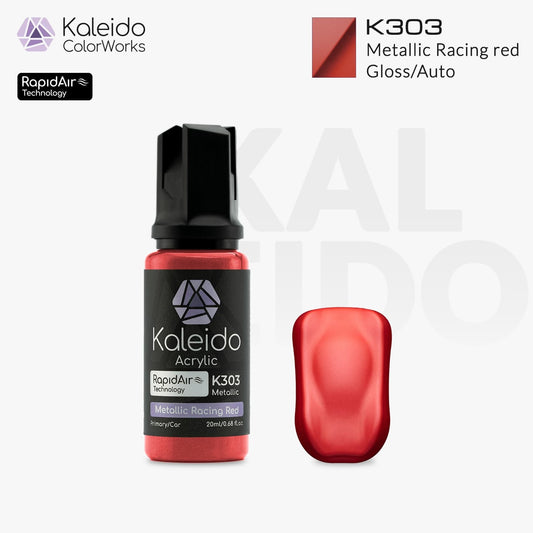 Bottle of Kaleido Colorworks RapidAir™ K303 Metallic Racing Red, 20 ml water-based airbrush paint in vibrant metallic racing red