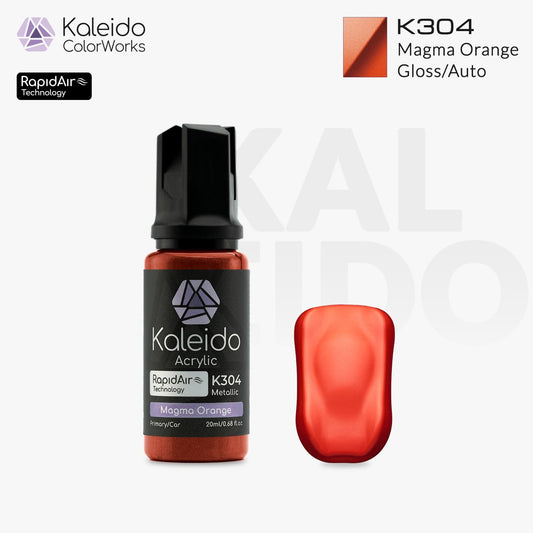 Bottle of Kaleido Colorworks RapidAir™ K304 Magma Orange, 20 ml water-based airbrush paint in vibrant magma-tinged orange