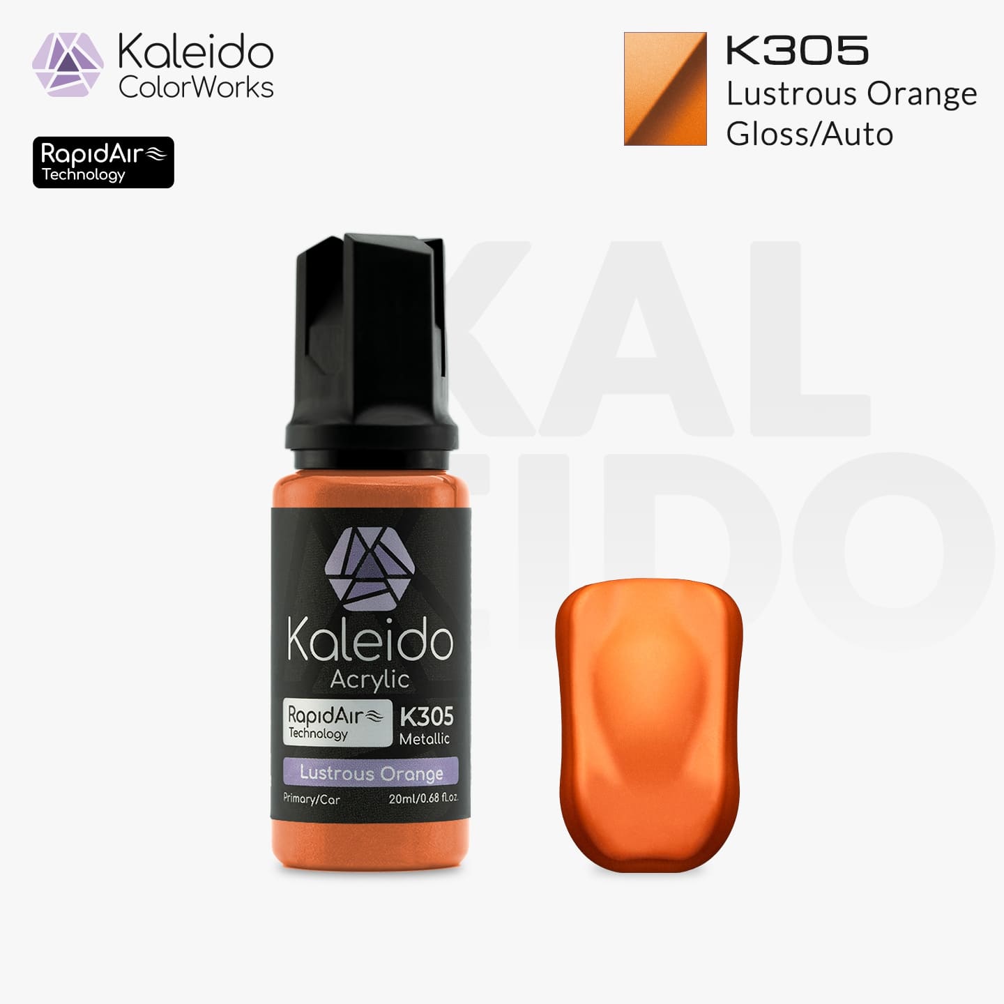 Bottle of Kaleido Colorworks RapidAir™ K305 Lustrous Orange, 20 ml water-based airbrush paint in shining metallic orange