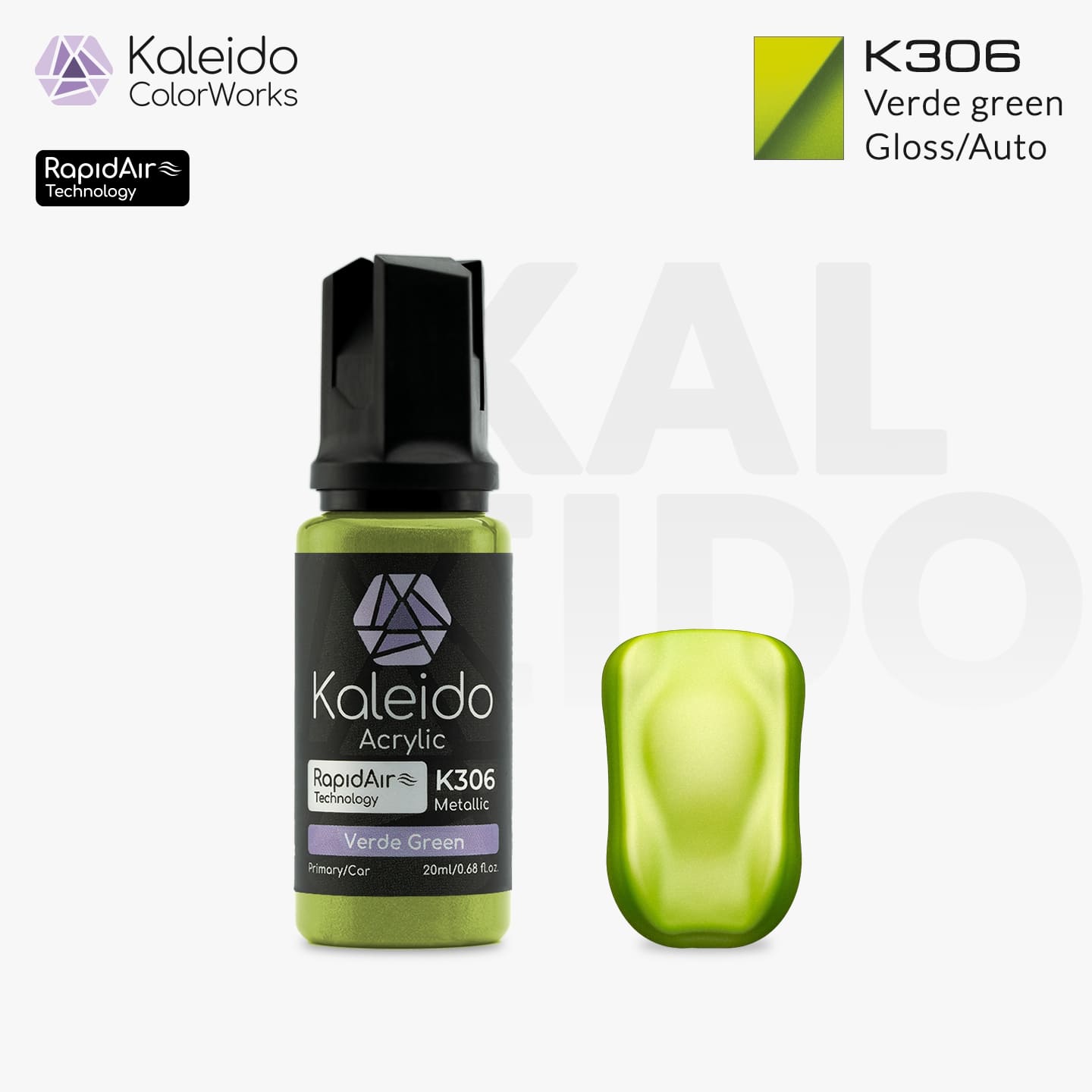 Bottle of Kaleido Colorworks RapidAir™ K306 Verde Green, 20 ml water-based airbrush paint in rich vibrant green.