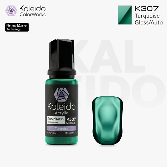 Bottle of Kaleido Colorworks RapidAir™ K307 Turquoise, 20 ml water-based airbrush paint in vivid turquoise.